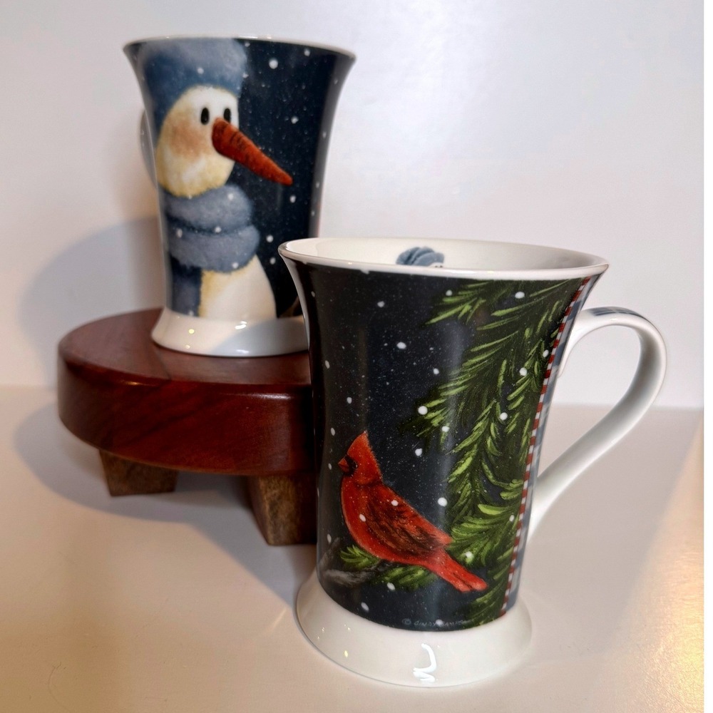 2 VTG Pimpernel Mugs Snowman Cardinal Fine Porcelain England Holiday Coffee Tea